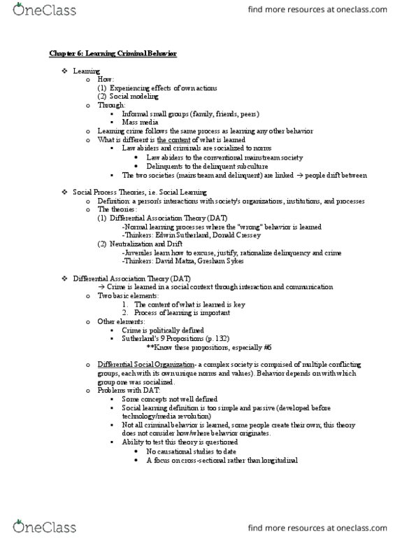 CJ 220 Lecture Notes - Lecture 4: Differential Association, Donald Cressey, Edwin Sutherland thumbnail