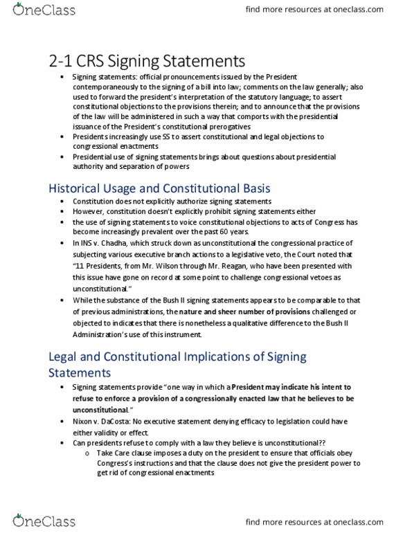 POLSCI 389 Chapter Notes - Chapter 9: Article Two Of The United States Constitution, Signing Statement, Legislative Veto thumbnail