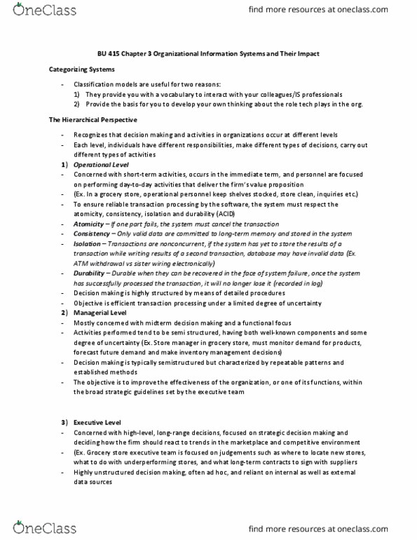 BU415 Chapter Notes - Chapter 3: Grocery Store, Operational Data Store, Database thumbnail