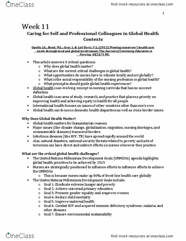 Nursing 3310A/B Chapter Notes - Chapter 11: Aids, Millennium Development Goals, Global Health thumbnail