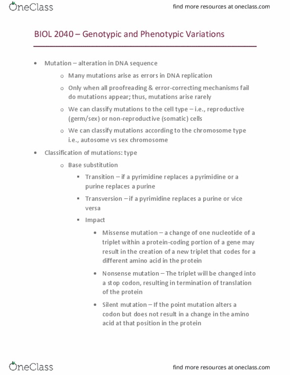 BIOL 2040 Lecture Notes - Lecture 5: Missense Mutation, Nonsense Mutation, Silent Mutation thumbnail