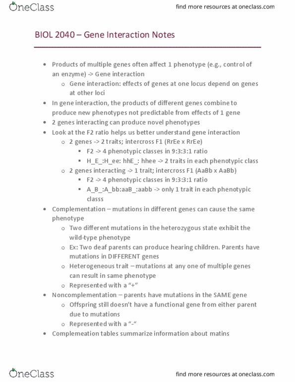 BIOL 2040 Lecture Notes - Lecture 8: Wild Type, Zygosity, Epistasis thumbnail