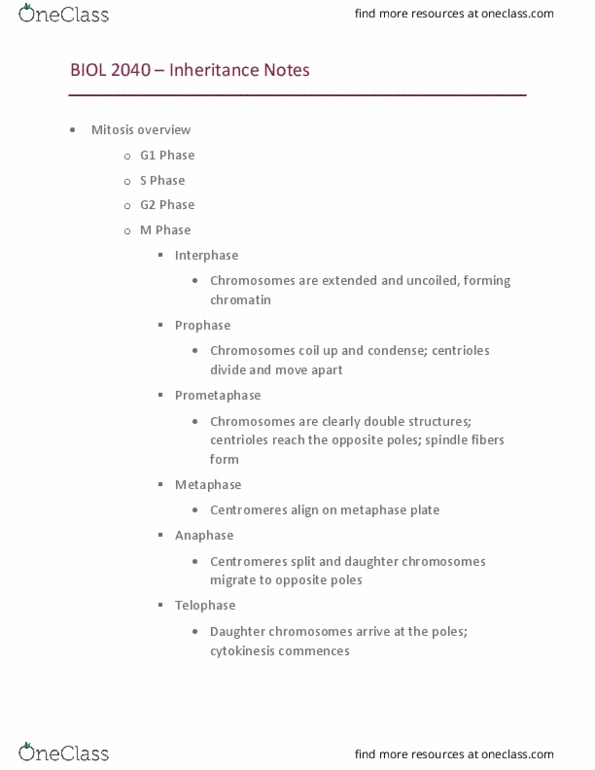 BIOL 2040 Lecture Notes - Lecture 6: G2 Phase, Prometaphase, Metaphase thumbnail