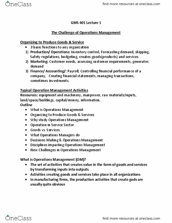 GMS 401 Lecture Notes - Lecture 1: Operations Management, Inventory Control, Financial Statement thumbnail