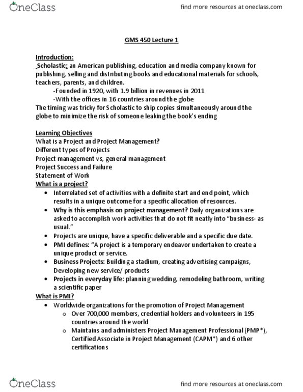 GMS 450 Lecture Notes - Lecture 1: Project Management Professional, Capital Asset Pricing Model, Project Charter thumbnail