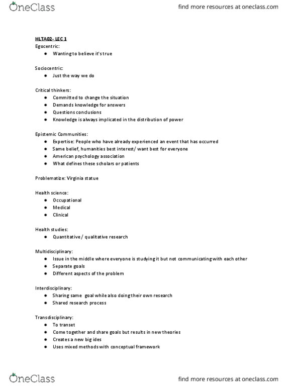 HLTA02H3 Lecture Notes - Lecture 1: Outline Of Health Sciences thumbnail