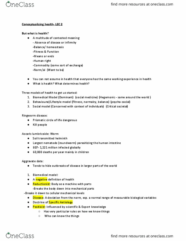 HLTA02H3 Lecture Notes - Lecture 2: Biomedical Model, Social Medicine, Helminths thumbnail