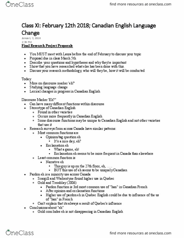 LING 202 Lecture Notes - Lecture 11: Discourse Marker, Canadian English, Quebec English thumbnail
