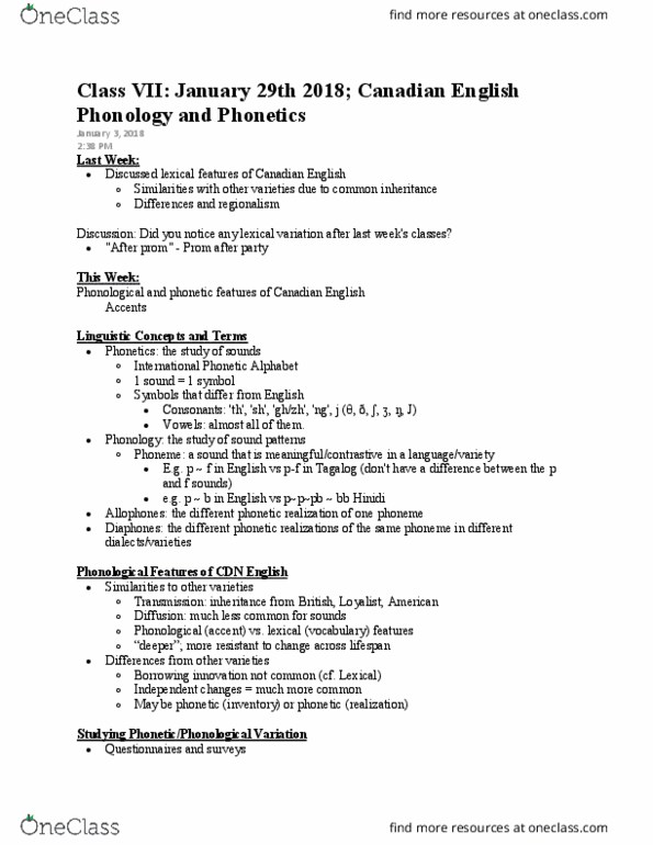 LING 202 Lecture Notes - Lecture 7: International Phonetic Alphabet, English Phonology, Canadian English thumbnail