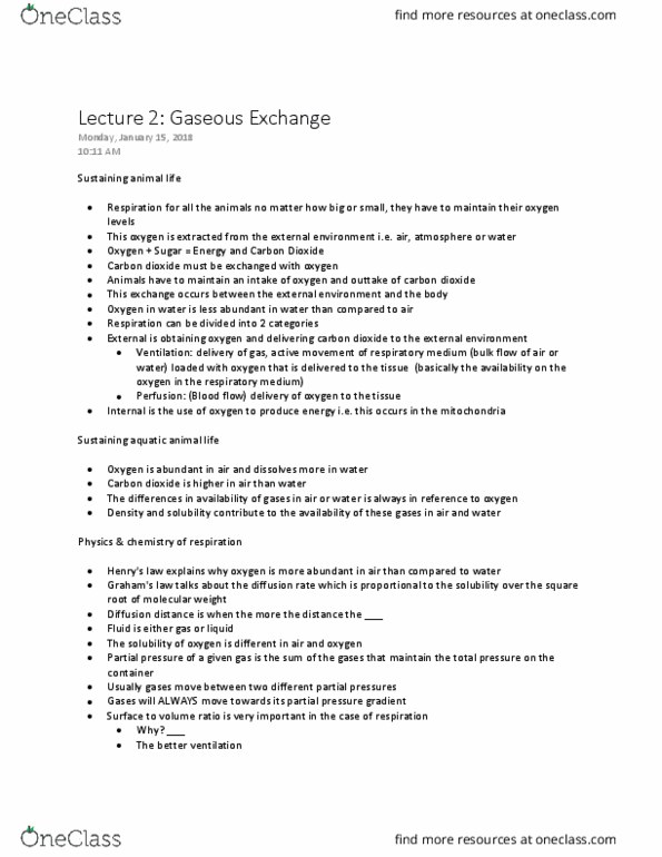 BIO202H5 Lecture Notes - Lecture 2: Partial Pressure, Aquatic Animal, Gas Exchange thumbnail