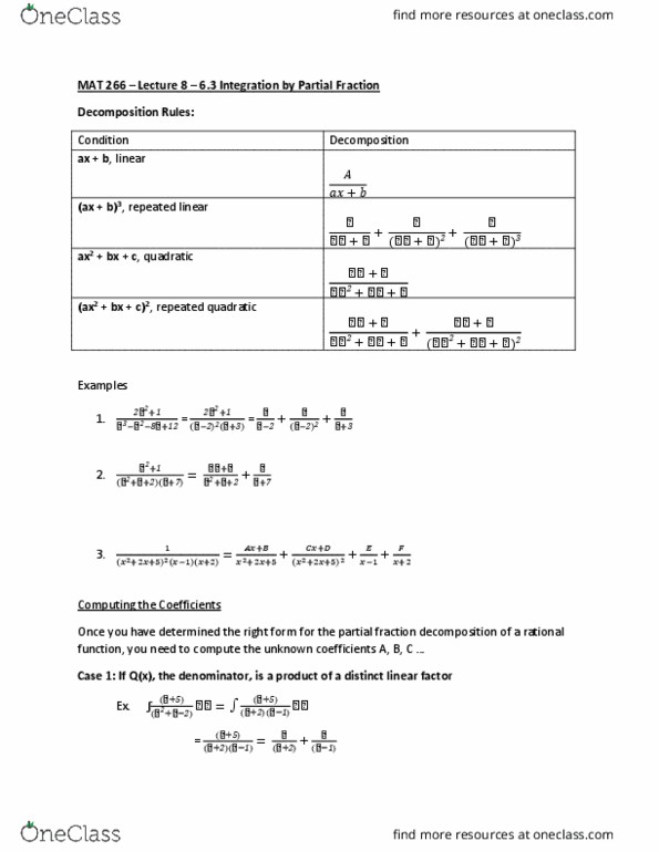MAT 266 Lecture Notes - Lecture 8: Partial Fraction Decomposition thumbnail