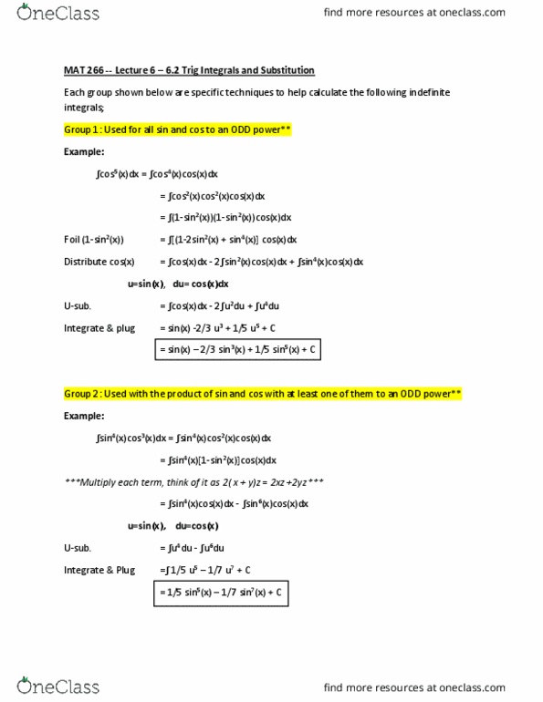 MAT 266 Lecture 6: MAT 266-Lecture 6- 6.2 Trig Integrals and Substitution thumbnail