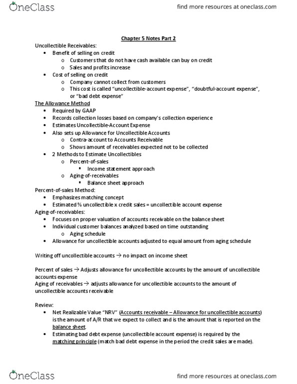 ACG 2021 Lecture Notes - Lecture 9: Balance Sheet, Accounts Receivable, Matching Principle thumbnail