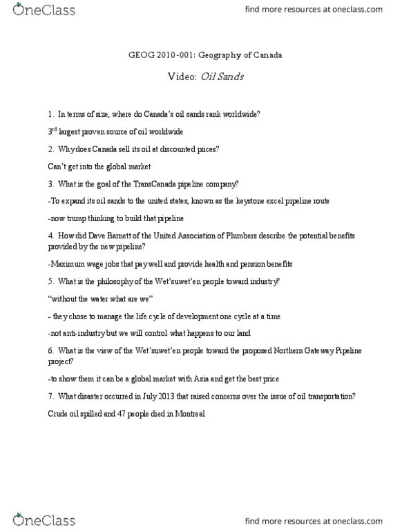 Geography 2010A/B Lecture Notes - Lecture 1: Enbridge Northern Gateway Pipelines, Transcanada Pipeline, Maximum Wage thumbnail