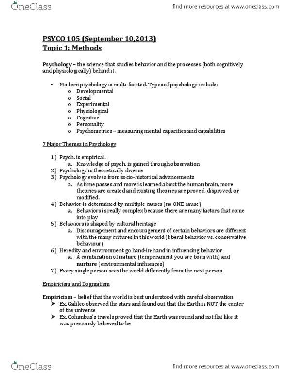 PSYCO105 Lecture Notes - Dogma, Scientific Method, Falsifiability thumbnail