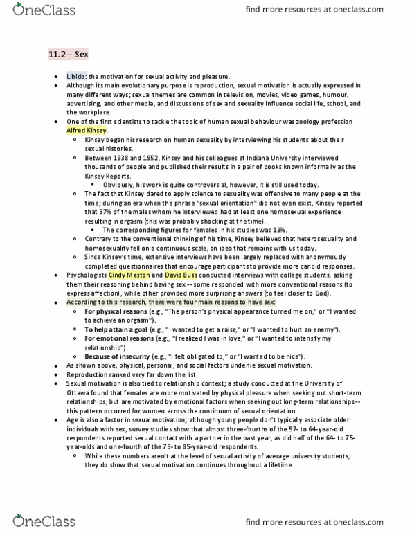 PSYA02H3 Chapter Notes - Chapter 11.2: Human Sexual Response Cycle, Human Sexual Activity, Kinsey Reports thumbnail