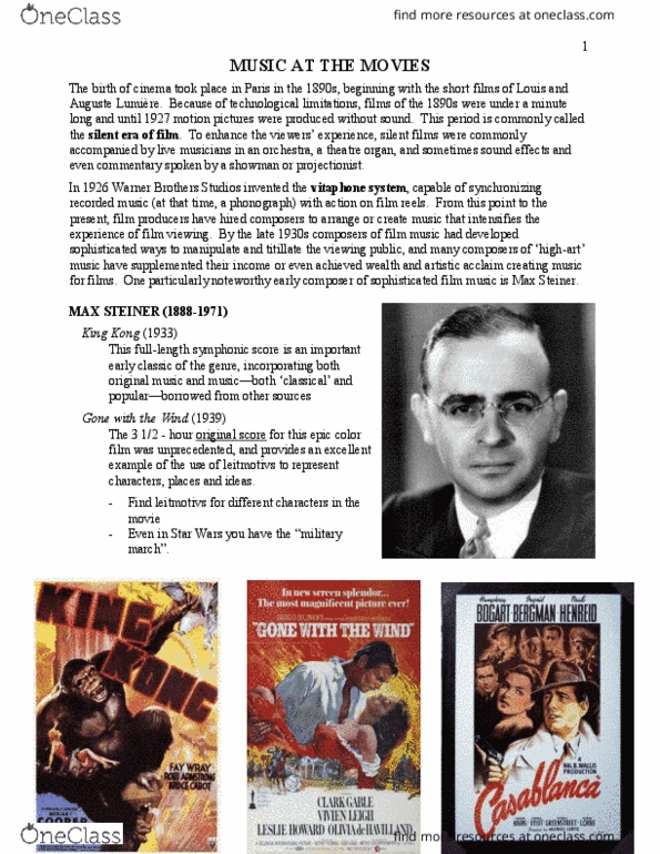 MUAR 211 Lecture Notes - Lecture 21: Warner Bros., Max Steiner, Theatre Organ thumbnail