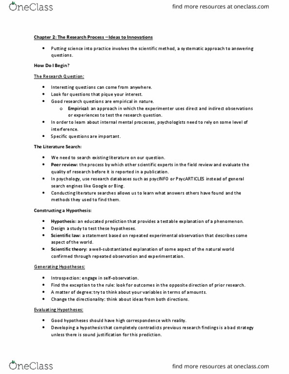 PSYB01H3 Chapter Notes - Chapter 2: Psycinfo, Scientific Law, Design Of Experiments thumbnail