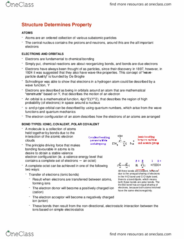 CHEM 351 Chapter Notes - Chapter 1: Electron Configuration, Chemical Polarity, Bromine thumbnail