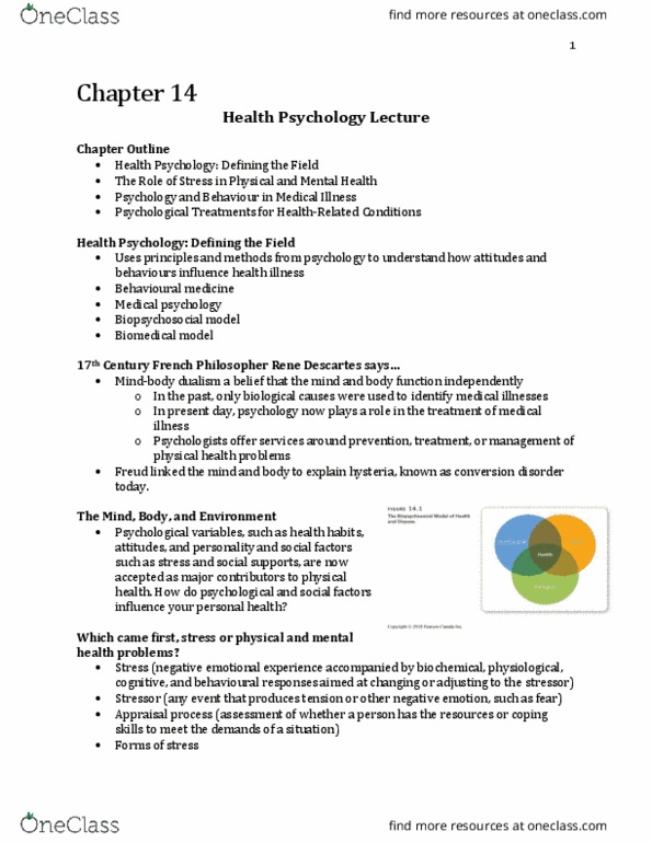 Psychology 2030A/B Lecture Notes - Lecture 14: The Hassles, Biopsychosocial Model, Medical Psychology thumbnail