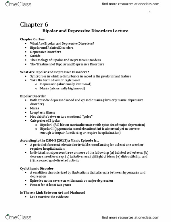 Psychology 2030A/B Lecture Notes - Lecture 6: Bipolar Disorder, Mood Disorder, Hypomania thumbnail