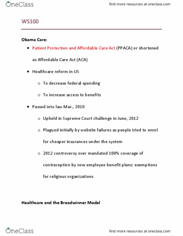 WS100 Lecture Notes - Lecture 25: Patient Protection And Affordable Care Act, Universal Health Care, Employee Benefits thumbnail