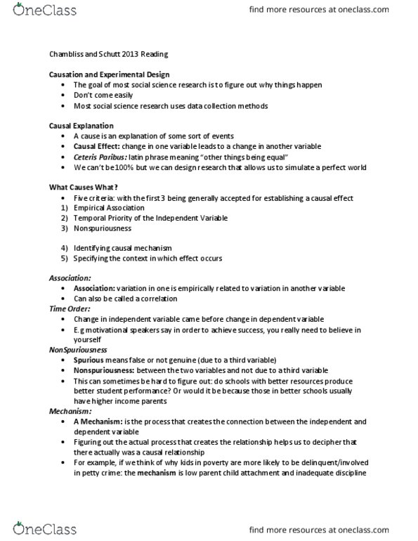 Sociology 3306A/B Chapter Notes - Chapter Chambliss and Schutt Reading: Quasi, Blind Experiment, Internal Validity thumbnail