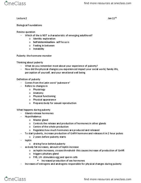 FRHD 2280 Lecture Notes - Lecture 2: Leptin, Emerging Adulthood And Early Adulthood, Puberty thumbnail