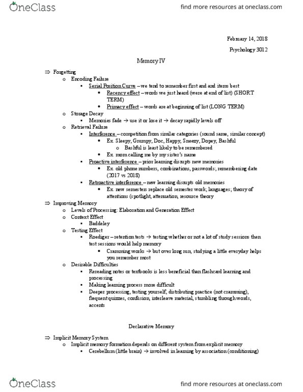 PSYC 3012 Lecture Notes - Lecture 14: Implicit Memory, Explicit Memory, Flashcard thumbnail