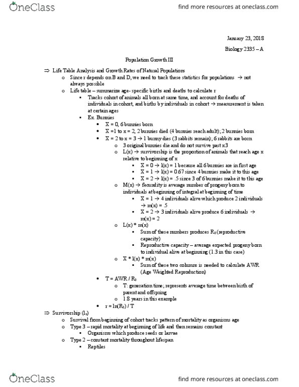 BIOL 2335 Lecture Notes - Lecture 5: Life Table, Logistic Function, Interspecific Competition thumbnail