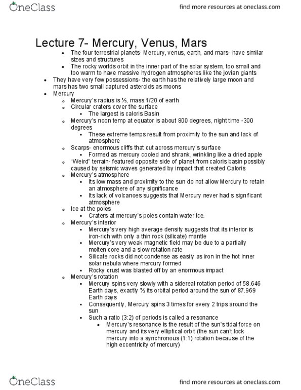 POL 307 Lecture Notes - Lecture 7: Caloris Planitia, Orbital Period, Aphrodite Terra thumbnail