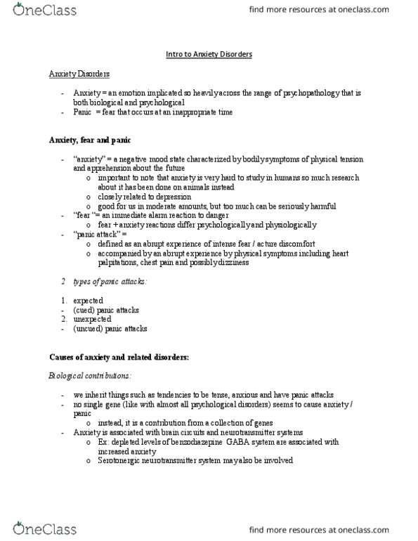 PSYCH 2AP3 Chapter Notes - Chapter Anxiety Disorders and OCD: Panic Attack, Neurotransmitter, Serotonergic thumbnail