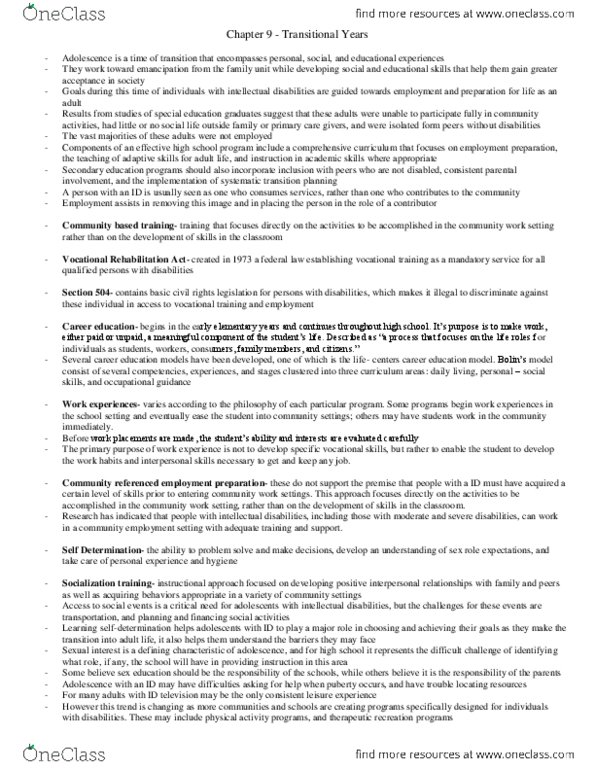 PSYC 3850 Chapter Notes - Chapter 9: Vocational Rehabilitation Act Of 1973, Intellectual Disability, Person-Centred Planning thumbnail