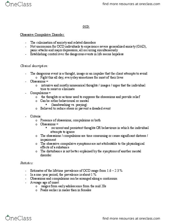 PSYCH 2AP3 Chapter Notes - Chapter anxiety Disorders and OCD: Obsessive–Compulsive Disorder, Mental Disorder, Hand Washing thumbnail