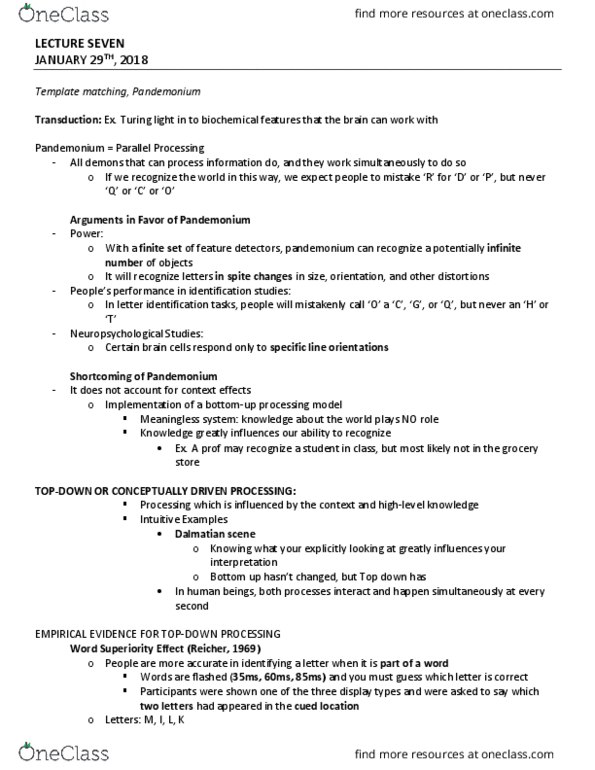 PSYC 2700 Lecture Notes - Lecture 7: Word Superiority Effect, Template Matching, Visual Processing thumbnail