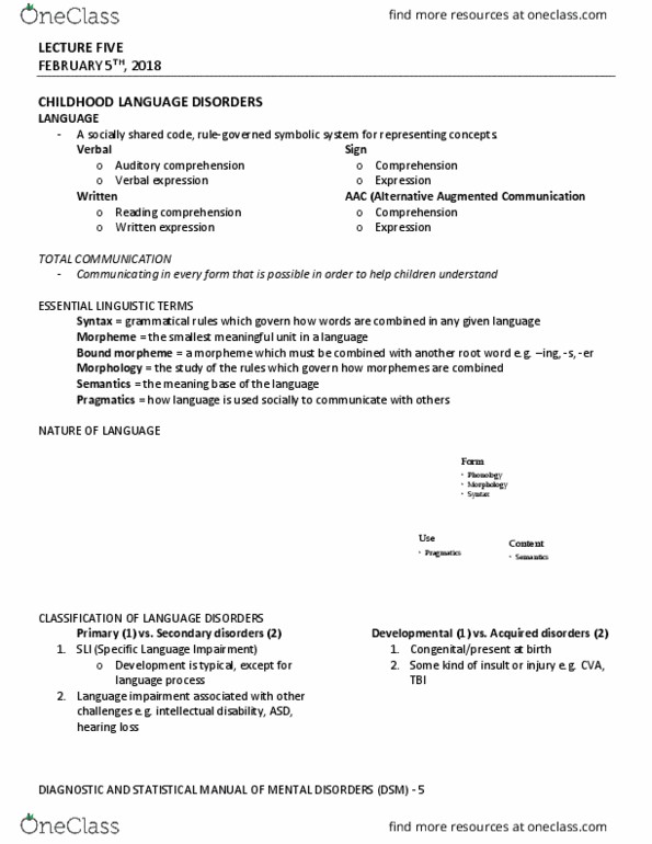 LING 2604 Lecture Notes - Lecture 5: Specific Language Impairment, Autism Spectrum, Speech Sound Disorder thumbnail