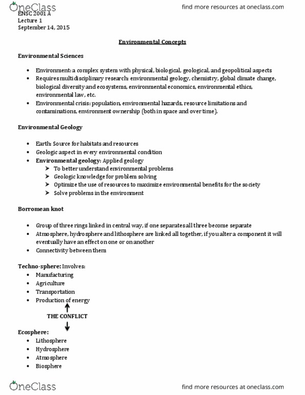 ENSC 2001 Lecture Notes - Lecture 1: Environmental Geology, Environmental Ethics, Hydrosphere thumbnail