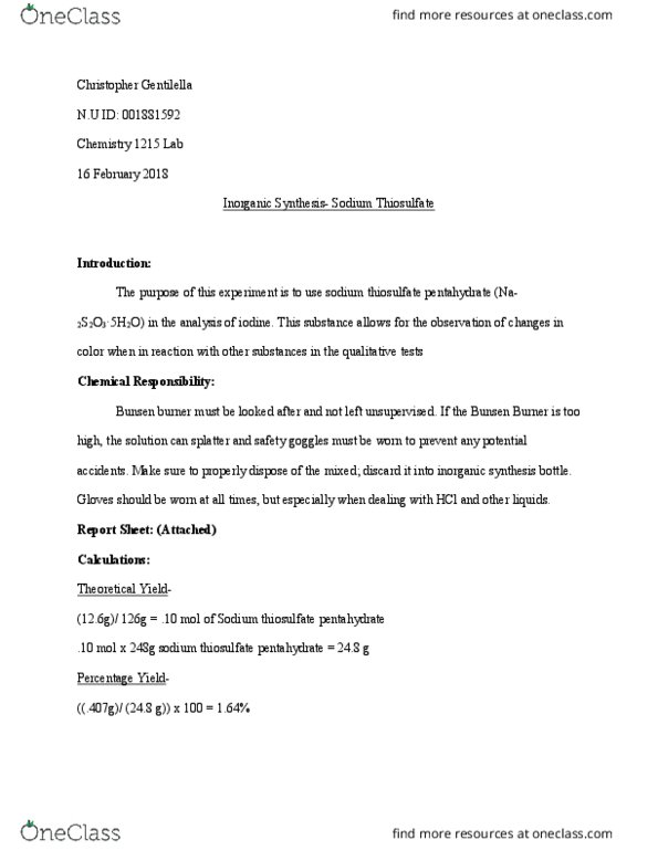 CHEM 1214 Lecture Notes - Lecture 8: Bunsen Burner, Thiosulfate, Iodine thumbnail