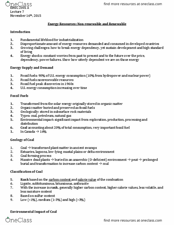 ENSC 2001 Lecture Notes - Lecture 7: Lignite, Anthracite, Energy Independence thumbnail