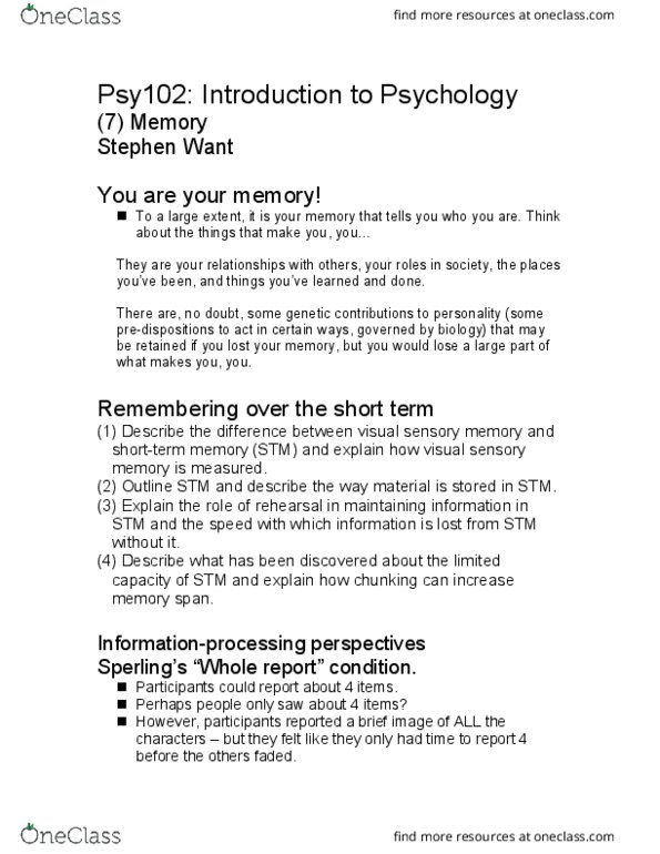 PSY 102 Lecture Notes - Lecture 4: Sensory Memory, Memory Span, Sketchpad thumbnail