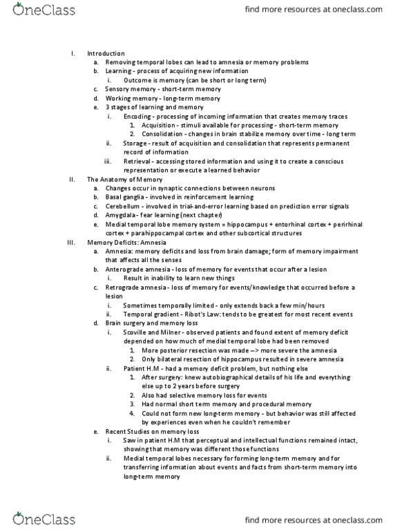 NBB 302 Chapter Notes - Chapter 9: Temporal Lobe, Anterograde Amnesia, Basal Ganglia thumbnail