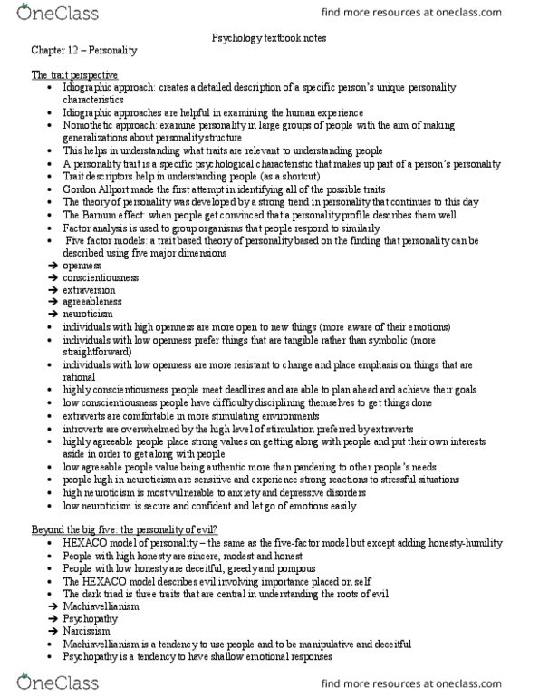 PSYA02H3 Chapter Notes - Chapter 12,10,9: Hexaco Model Of Personality Structure, Gordon Allport, Dark Triad thumbnail