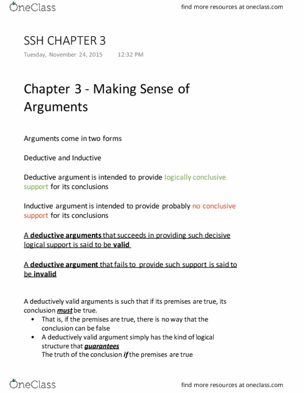 SSH 100 Chapter Notes - Chapter 3: Deductive Reasoning, Inductive Reasoning, Disjunctive Syllogism thumbnail
