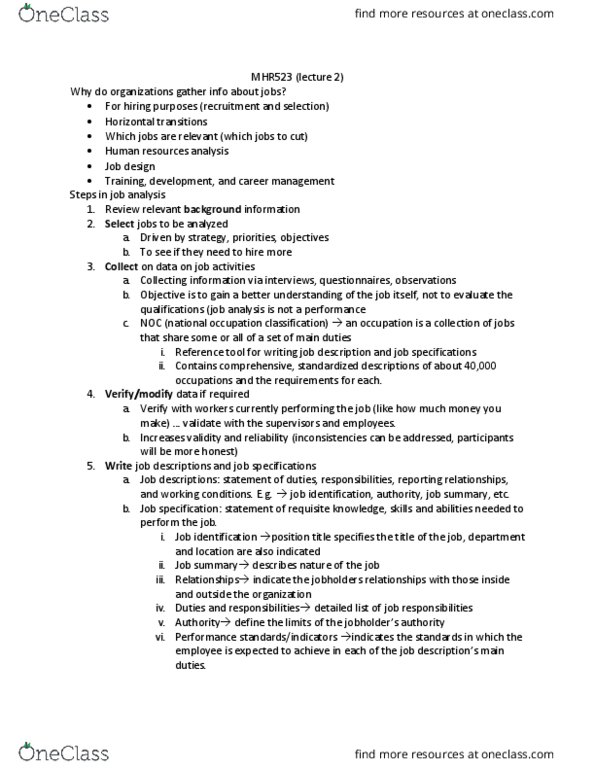 MHR 523 Lecture Notes - Lecture 2: Job Analysis, Human Resources, Job Design thumbnail