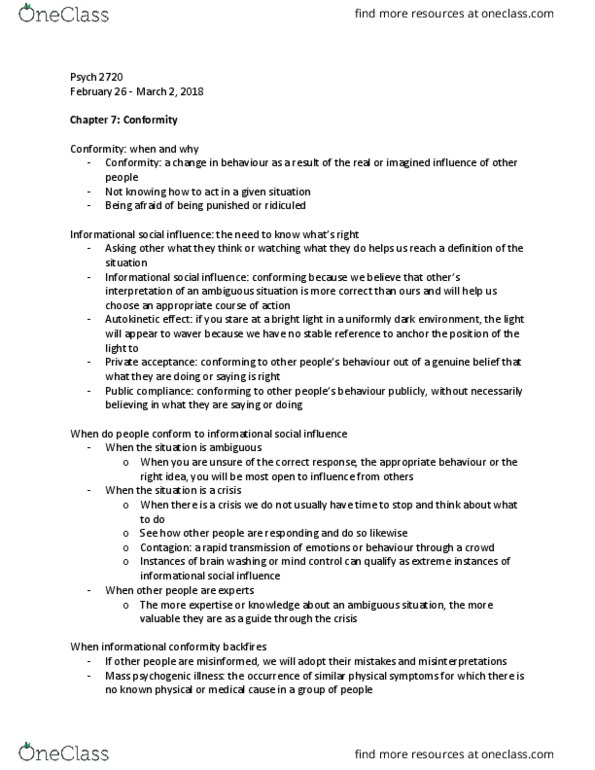 Psychology 2720A/B Chapter Notes - Chapter 7: Mass Psychogenic Illness, Social Proof, Psych thumbnail