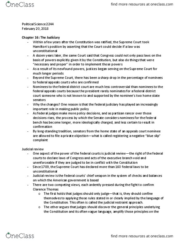 Political Science 2244E Chapter Notes - Chapter 16: Judicial Restraint, Blue Slip, Third Enforcement Act thumbnail