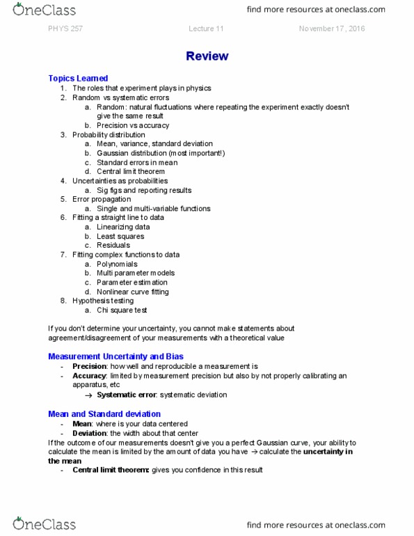 PHYS 257 Lecture Notes - Lecture 11: Central Limit Theorem, Gaussian Function, Normal Distribution thumbnail