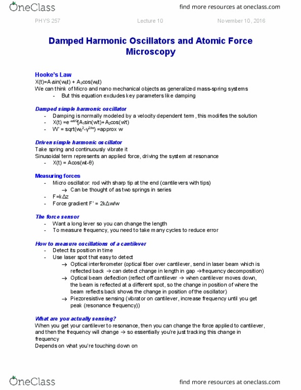 PHYS 257 Lecture Notes - Lecture 10: Piezoresistive Effect, Damping Ratio, Atomic-Force Microscopy thumbnail