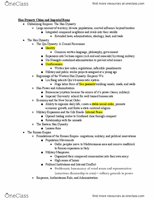 HIST103 Chapter Notes - Chapter 7: Han Dynasty, Qin Dynasty, Qin Shi Huang thumbnail