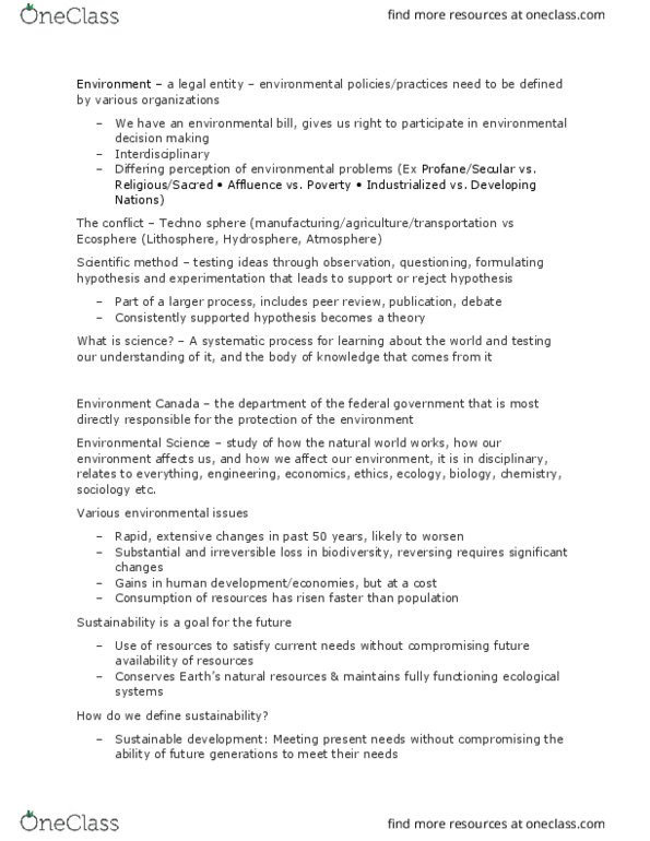 ENV100Y5 Lecture Notes - Lecture 1: Environment And Climate Change Canada, Sustainable Development, Hydrosphere thumbnail